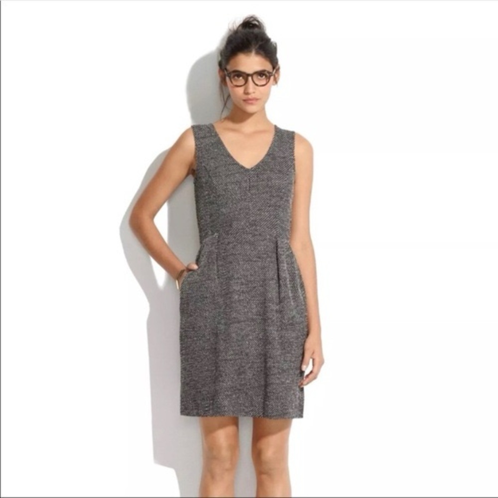 Madewell Terrace Dress Tweed Black/White/Brown Size Small Pockets Sleeveless